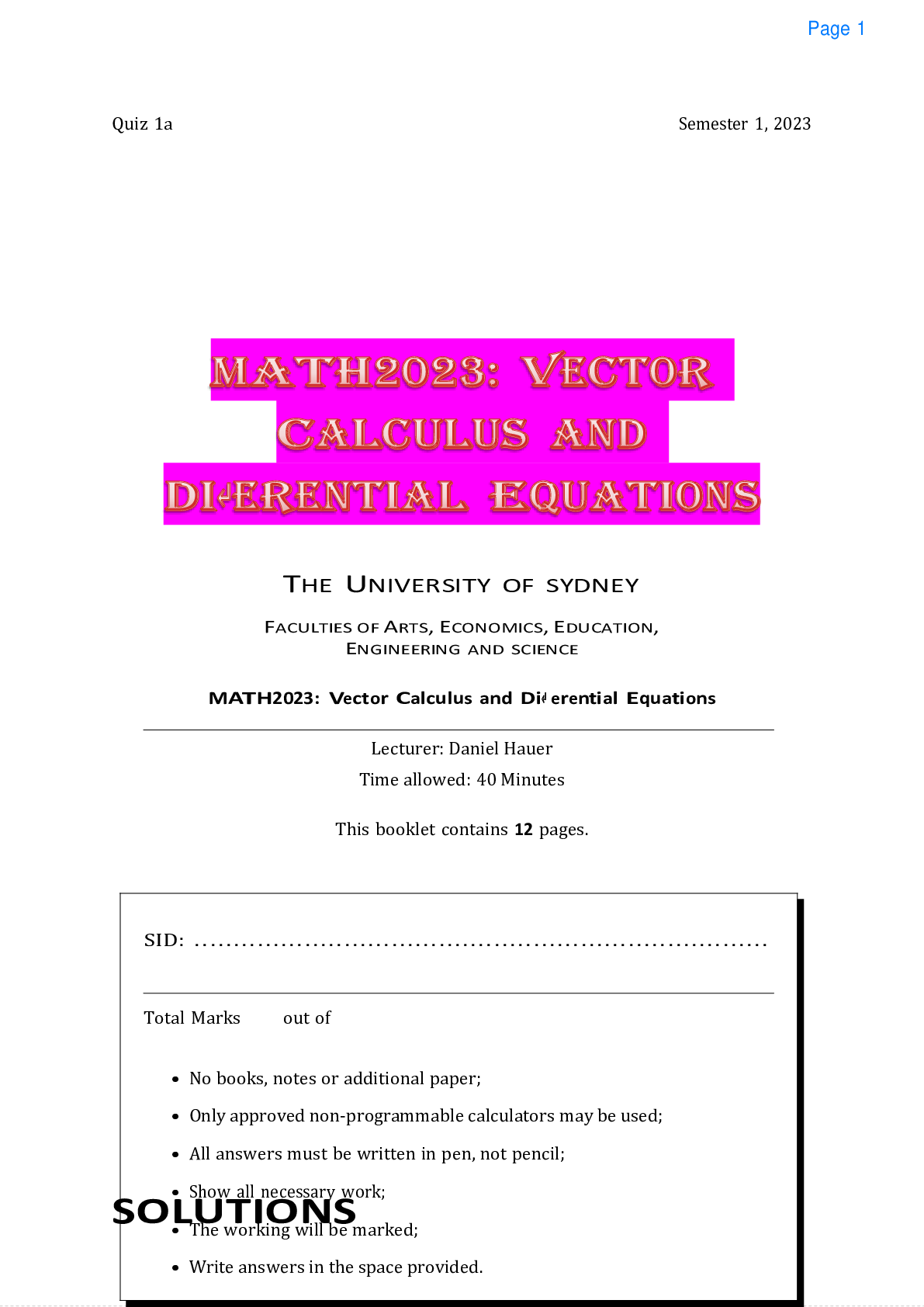 Preview of MATH2023:  VECTOR  CALCULUS  AND  DI↵ERENTIAL  EQUATIONS